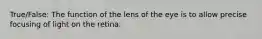 True/False: The function of the lens of the eye is to allow precise focusing of light on the retina.