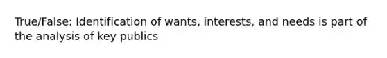 True/False: Identification of wants, interests, and needs is part of the analysis of key publics