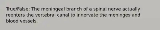 True/False: The meningeal branch of a spinal nerve actually reenters the vertebral canal to innervate the meninges and blood vessels.