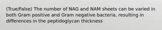 (True/False) The number of NAG and NAM sheets can be varied in both Gram positive and Gram negative bacteria, resulting in differences in the peptidoglycan thickness