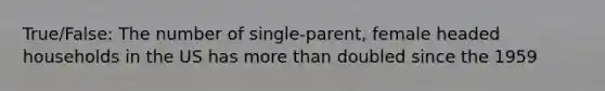 True/False: The number of single-parent, female headed households in the US has <a href='https://www.questionai.com/knowledge/keWHlEPx42-more-than' class='anchor-knowledge'>more than</a> doubled since the 1959