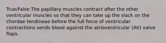 True/False The papillary muscles contract after the other ventricular muscles so that they can take up the slack on the chordae tendineae before the full force of ventricular contractions sends blood against the atrioventricular (AV) valve flaps.