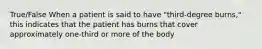 True/False When a patient is said to have "third-degree burns," this indicates that the patient has burns that cover approximately one-third or more of the body