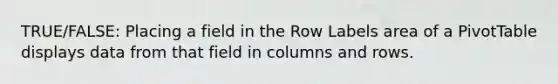 TRUE/FALSE: Placing a field in the Row Labels area of a PivotTable displays data from that field in columns and rows.