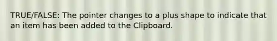 TRUE/FALSE: The pointer changes to a plus shape to indicate that an item has been added to the Clipboard.