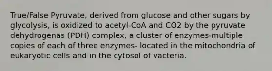 True/False Pyruvate, derived from glucose and other sugars by glycolysis, is oxidized to acetyl-CoA and CO2 by the pyruvate dehydrogenas (PDH) complex, a cluster of enzymes-multiple copies of each of three enzymes- located in the mitochondria of eukaryotic cells and in the cytosol of vacteria.