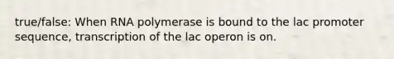 true/false: When RNA polymerase is bound to the lac promoter sequence, transcription of the lac operon is on.