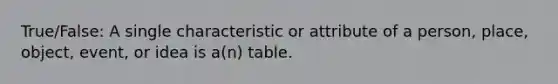 True/False: A single characteristic or attribute of a person, place, object, event, or idea is a(n) table.