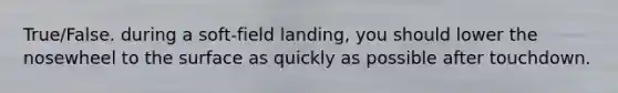 True/False. during a soft-field landing, you should lower the nosewheel to the surface as quickly as possible after touchdown.