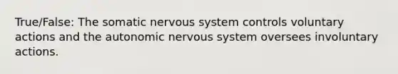 True/False: The somatic <a href='https://www.questionai.com/knowledge/kThdVqrsqy-nervous-system' class='anchor-knowledge'>nervous system</a> controls voluntary actions and <a href='https://www.questionai.com/knowledge/kMqcwgxBsH-the-autonomic-nervous-system' class='anchor-knowledge'>the autonomic nervous system</a> oversees involuntary actions.