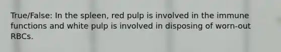 True/False: In the spleen, red pulp is involved in the immune functions and white pulp is involved in disposing of worn-out RBCs.