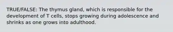 TRUE/FALSE: The thymus gland, which is responsible for the development of T cells, stops growing during adolescence and shrinks as one grows into adulthood.