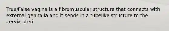 True/False vagina is a fibromuscular structure that connects with external genitalia and it sends in a tubelike structure to the cervix uteri