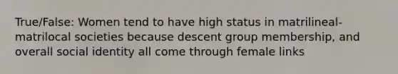 True/False: Women tend to have high status in matrilineal-matrilocal societies because descent group membership, and overall social identity all come through female links