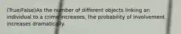 (True/False)As the number of different objects linking an individual to a crime increases, the probability of involvement increases dramatically.