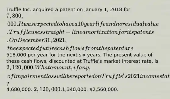 Truffle Inc. acquired a patent on January 1, 2018 for 7,800,000. It was expected to have a 10 year life and no residual value. Truffle uses straight-line amortization for its patents. On December 31, 2021, the expected future cash flows from the patent are518,000 per year for the next six years. The present value of these cash flows, discounted at Truffle's market interest rate, is 2,120,000. What amount, if any, of impairment loss will be reported on Truffle's 2021 income statement?4,680,000. 2,120,000.1,340,000. 2,560,000.