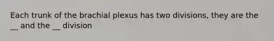 Each trunk of the brachial plexus has two divisions, they are the __ and the __ division