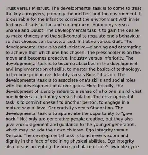 Trust versus Mistrust. The developmental task is to come to trust the key caregivers, primarily the mother, and the environment. It is desirable for the infant to connect the environment with inner feelings of satisfaction and contentment. Autonomy versus Shame and Doubt. The developmental task is to gain the desire to make choices and the self-control to regulate one's behaviour so that choices can be actualized. Initiative versus Guilt. The developmental task is to add initiative—planning and attempting to achieve that which one has chosen. The preschooler is on the move and becomes proactive. Industry versus Inferiority. The developmental task is to become absorbed in the development and implementation of skills, to master the basics of technology, to become productive. Identity versus Role Diffusion. The developmental task is to associate one's skills and social roles with the development of career goals. More broadly, the development of identity refers to a sense of who one is and what one believes in. Intimacy versus Isolation.The developmental task is to commit oneself to another person, to engage in a mature sexual love. Generativity versus Stagnation. The developmental task is to appreciate the opportunity to "give back." Not only are generative people creative, but they also give encouragement and guidance to the younger generation, which may include their own children. Ego Integrity versus Despair. The developmental task is to achieve wisdom and dignity in the face of declining physical abilities. Ego integrity also means accepting the time and place of one's own life cycle.