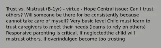 Trust vs. Mistrust (B-1yr) - virtue - Hope Central issue: Can I trust others? Will someone be there for be consistently because I cannot take care of myself? Very basic level Child must learn to trust caregivers to meet their needs (learns to rely on others) Responsive parenting is critical. If neglectedthe child will mistrust others. If overindulged become too trusting
