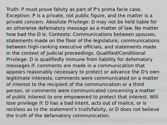 Truth: P must prove falsity as part of P's prima facie case. Exception: P is a private, not public figure, and the matter is a private concern. Absolute Privilege: D may not be held liable for an otherwise defamatory message as a matter of law. No matter how bad the D is. Contexts: Communications between spouses, statements made on the floor of the legislature, communications between high-ranking executive officials, and statements made in the context of judicial proceedings. Qualified/Conditional Privilege: D is qualifiedly immune from liability for defamatory messages if: comments are made in a communication that appears reasonably necessary to protect or advance the D's own legitimate interests, comments were communicated on a matter of interest to the recipient of the communication or a third person, or comments were communicated concerning a matter of public interest to one empowered to protect that interest. Will lose privilege if: D has a bad intent, acts out of malice, or is reckless as to the statement's truth/falsity, or D does not believe the truth of the defamatory communication.