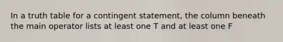 In a truth table for a contingent statement, the column beneath the main operator lists at least one T and at least one F