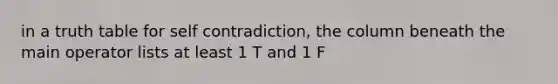 in a truth table for self contradiction, the column beneath the main operator lists at least 1 T and 1 F