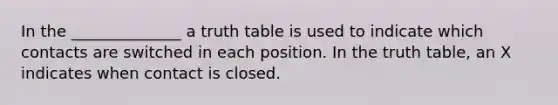 In the ______________ a truth table is used to indicate which contacts are switched in each position. In the truth table, an X indicates when contact is closed.