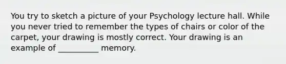 You try to sketch a picture of your Psychology lecture hall. While you never tried to remember the types of chairs or color of the carpet, your drawing is mostly correct. Your drawing is an example of __________ memory.