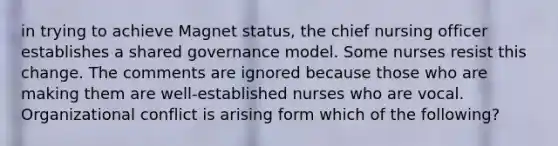 in trying to achieve Magnet status, the chief nursing officer establishes a shared governance model. Some nurses resist this change. The comments are ignored because those who are making them are well-established nurses who are vocal. Organizational conflict is arising form which of the following?