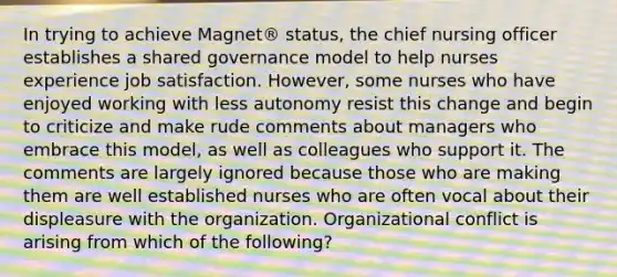 In trying to achieve Magnet® status, the chief nursing officer establishes a shared governance model to help nurses experience job satisfaction. However, some nurses who have enjoyed working with less autonomy resist this change and begin to criticize and make rude comments about managers who embrace this model, as well as colleagues who support it. The comments are largely ignored because those who are making them are well established nurses who are often vocal about their displeasure with the organization. Organizational conflict is arising from which of the following?