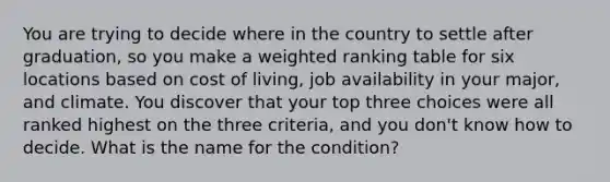 You are trying to decide where in the country to settle after graduation, so you make a weighted ranking table for six locations based on cost of living, job availability in your major, and climate. You discover that your top three choices were all ranked highest on the three criteria, and you don't know how to decide. What is the name for the condition?