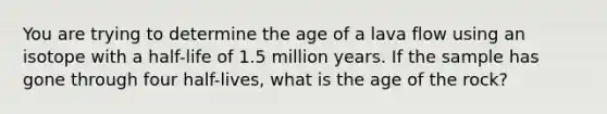 You are trying to determine the age of a lava flow using an isotope with a half-life of 1.5 million years. If the sample has gone through four half-lives, what is the age of the rock?