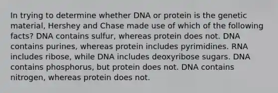 In trying to determine whether DNA or protein is the genetic material, Hershey and Chase made use of which of the following facts? DNA contains sulfur, whereas protein does not. DNA contains purines, whereas protein includes pyrimidines. RNA includes ribose, while DNA includes deoxyribose sugars. DNA contains phosphorus, but protein does not. DNA contains nitrogen, whereas protein does not.