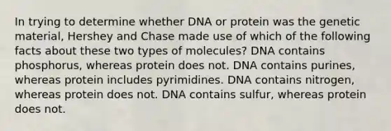 In trying to determine whether DNA or protein was the genetic material, Hershey and Chase made use of which of the following facts about these two types of molecules? DNA contains phosphorus, whereas protein does not. DNA contains purines, whereas protein includes pyrimidines. DNA contains nitrogen, whereas protein does not. DNA contains sulfur, whereas protein does not.