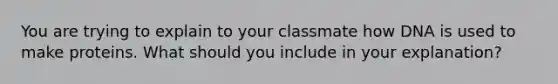 You are trying to explain to your classmate how DNA is used to make proteins. What should you include in your explanation?