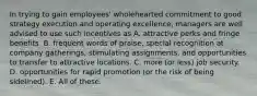 In trying to gain employees' wholehearted commitment to good strategy execution and operating excellence, managers are well advised to use such incentives as A. attractive perks and fringe benefits. B. frequent words of praise, special recognition at company gatherings, stimulating assignments, and opportunities to transfer to attractive locations. C. more (or less) job security. D. opportunities for rapid promotion (or the risk of being sidelined). E. All of these.