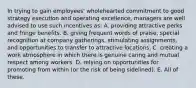 In trying to gain employees' wholehearted commitment to good strategy execution and operating excellence, managers are well advised to use such incentives as: A. providing attractive perks and fringe benefits. B. giving frequent words of praise, special recognition at company gatherings, stimulating assignments, and opportunities to transfer to attractive locations. C. creating a work atmosphere in which there is genuine caring and mutual respect among workers. D. relying on opportunities for promoting from within (or the risk of being sidelined). E. All of these.