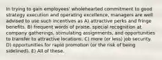 In trying to gain employees' wholehearted commitment to good strategy execution and operating excellence, managers are well advised to use such incentives as A) attractive perks and fringe benefits. B) frequent words of praise, special recognition at company gatherings, stimulating assignments, and opportunities to transfer to attractive locations. C) more (or less) job security. D) opportunities for rapid promotion (or the risk of being sidelined). E) All of these.