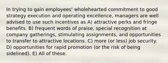 In trying to gain employees' wholehearted commitment to good strategy execution and operating excellence, managers are well advised to use such incentives as A) attractive perks and fringe benefits. B) frequent words of praise, special recognition at company gatherings, stimulating assignments, and opportunities to transfer to attractive locations. C) more (or less) job security. D) opportunities for rapid promotion (or the risk of being sidelined). E) All of these.