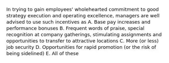 In trying to gain employees' wholehearted commitment to good strategy execution and operating excellence, managers are well advised to use such incentives as A. Base pay increases and performance bonuses B. Frequent words of praise, special recognition at company gatherings, stimulating assignments and opportunities to transfer to attractive locations C. More (or less) job security D. Opportunities for rapid promotion (or the risk of being sidelined) E. All of these