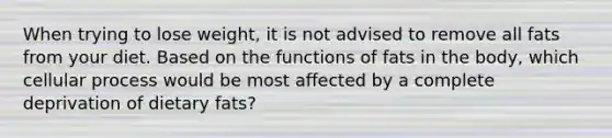 When trying to lose weight, it is not advised to remove all fats from your diet. Based on the functions of fats in the body, which cellular process would be most affected by a complete deprivation of dietary fats?