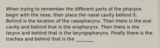 When trying to remember the different parts of the pharynx begin with the nose, then place the nasal cavity behind it. Behind is the location of the nasopharynx. Then there is the oral cavity and behind that is the oropharynx. Then there is the larynx and behind that is the laryngopharynx. Finally there is the trachea and behind that is the ________