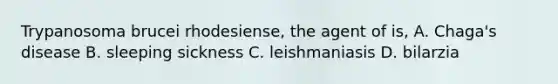 Trypanosoma brucei rhodesiense, the agent of is, A. Chaga's disease B. sleeping sickness C. leishmaniasis D. bilarzia