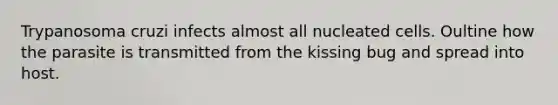 Trypanosoma cruzi infects almost all nucleated cells. Oultine how the parasite is transmitted from the kissing bug and spread into host.