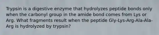 Trypsin is a digestive enzyme that hydrolyzes peptide bonds only when the carbonyl group in the amide bond comes from Lys or Arg. What fragments result when the peptide Gly-Lys-Arg-Ala-Ala-Arg is hydrolyzed by trypsin?