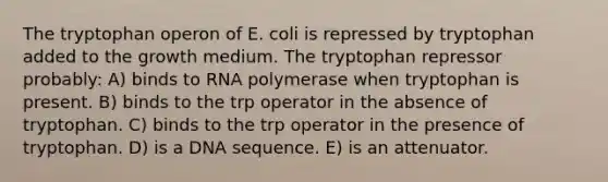 The tryptophan operon of E. coli is repressed by tryptophan added to the growth medium. The tryptophan repressor probably: A) binds to RNA polymerase when tryptophan is present. B) binds to the trp operator in the absence of tryptophan. C) binds to the trp operator in the presence of tryptophan. D) is a DNA sequence. E) is an attenuator.