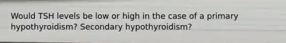 Would TSH levels be low or high in the case of a primary hypothyroidism? Secondary hypothyroidism?