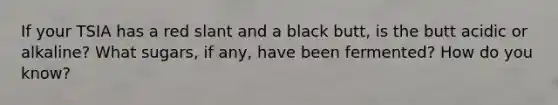 If your TSIA has a red slant and a black butt, is the butt acidic or alkaline? What sugars, if any, have been fermented? How do you know?