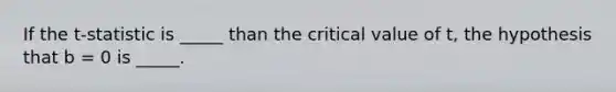 If the t-statistic is _____ than the critical value of t, the hypothesis that b = 0 is _____.