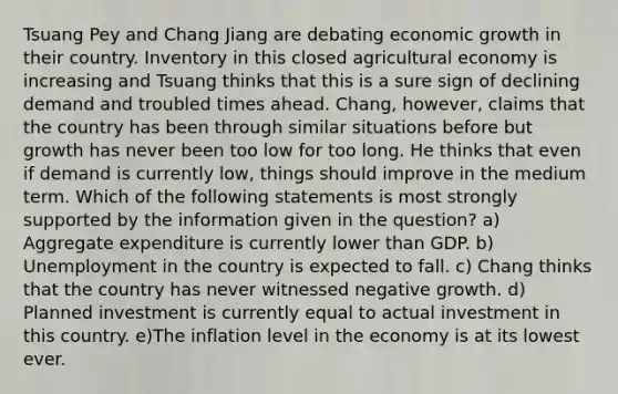 Tsuang Pey and Chang Jiang are debating economic growth in their country. Inventory in this closed agricultural economy is increasing and Tsuang thinks that this is a sure sign of declining demand and troubled times ahead. Chang, however, claims that the country has been through similar situations before but growth has never been too low for too long. He thinks that even if demand is currently low, things should improve in the medium term. Which of the following statements is most strongly supported by the information given in the question? a) Aggregate expenditure is currently lower than GDP. b) Unemployment in the country is expected to fall. c) Chang thinks that the country has never witnessed negative growth. d) Planned investment is currently equal to actual investment in this country. e)The inflation level in the economy is at its lowest ever.